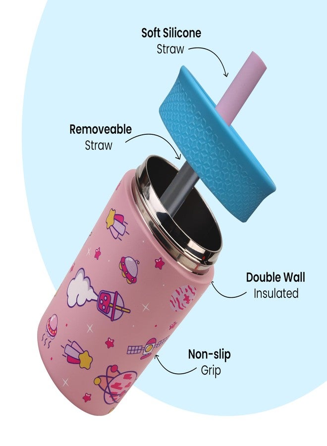 ONE AND ONLY كوب ONE AND ONLY مع غطاء ماصة، قارورة معزولة بتفريغ الهواء ثلاثية الطبقات، زجاجة ماء ساخنة وباردة، مصنوعة من الفولاذ المقاوم للصدأ والسيليكون، زجاجة ماء مانعة للتسرب للأطفال، سعة 350 مل (وردي) - Image 2